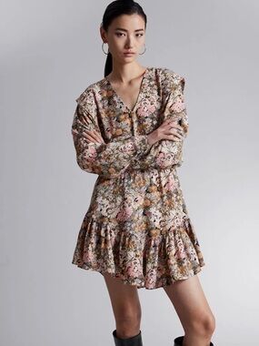 Voluminous V-Cut Floral Mini Dress with Ruffle Shoulders